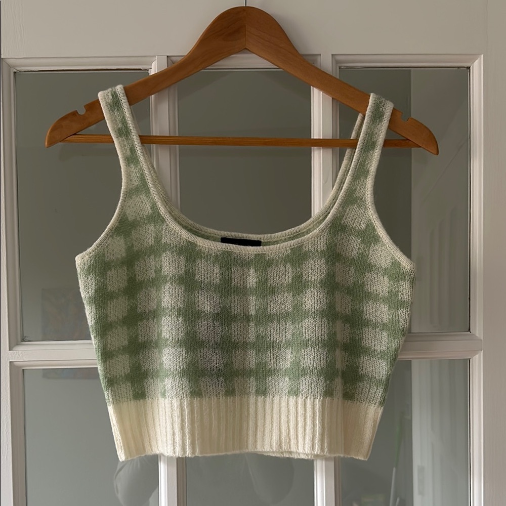 Green and White Checkered Knit Crop Top
